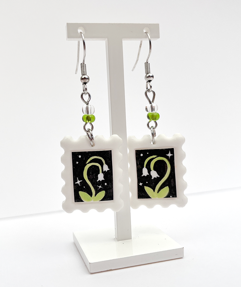 Snowbell night | Polymer clay postal stamp earrings