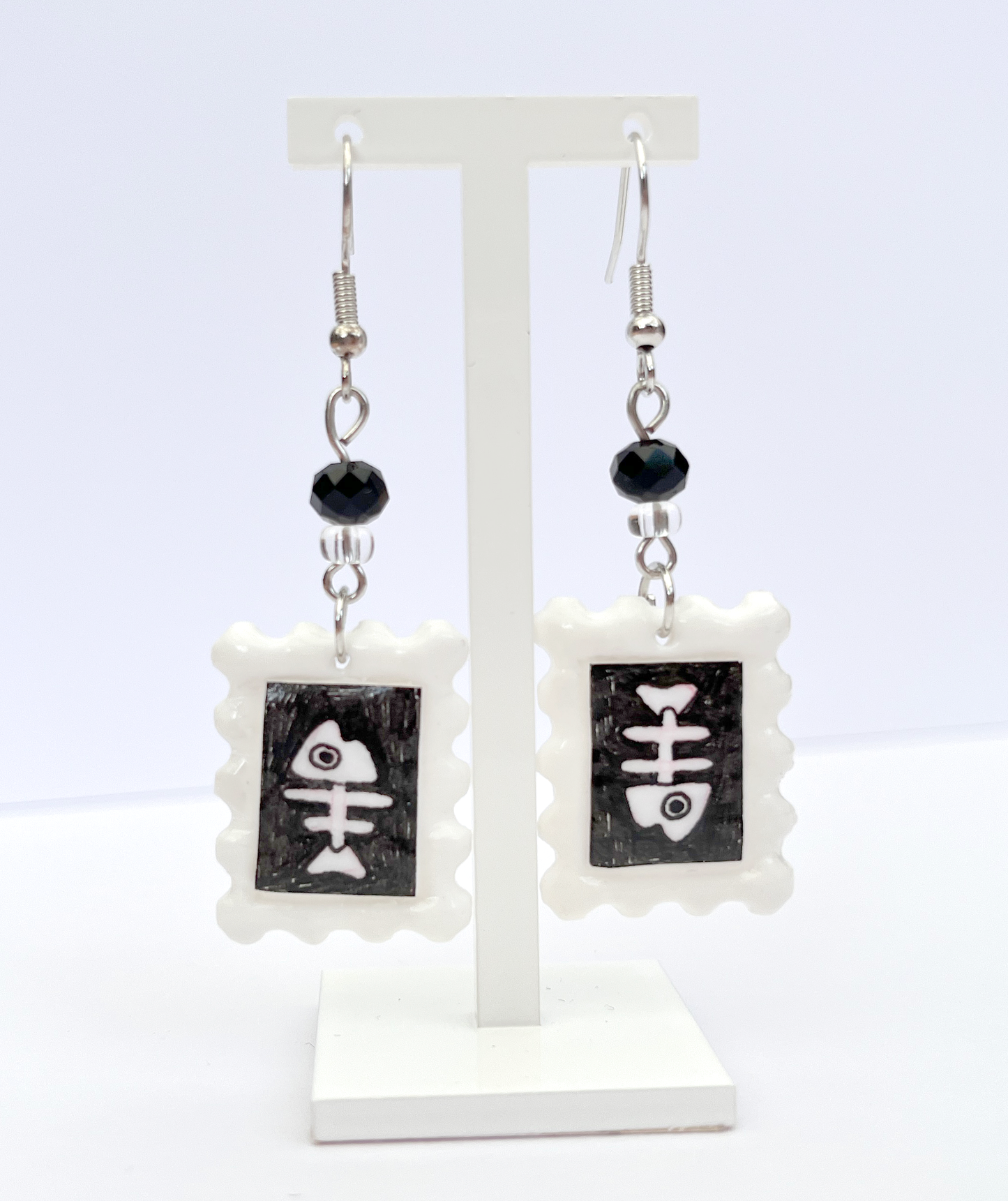 Fish bones | Polymer clay postal stamp earrings