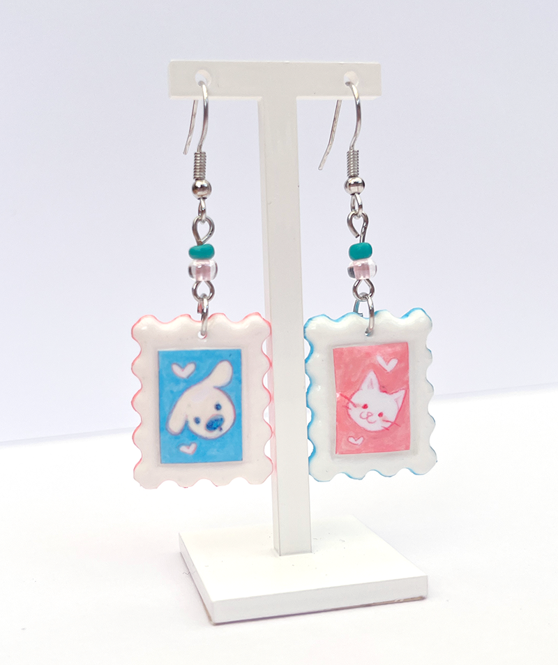 Cat dog | Polymer clay postal stamp earrings