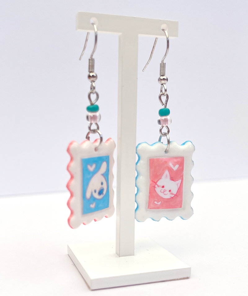 Cat dog | Polymer clay postal stamp earrings