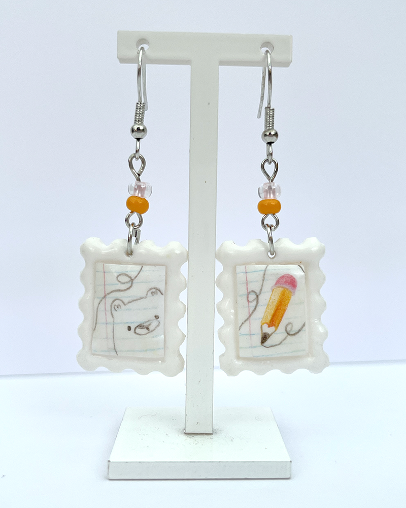 Drawn bear | Polymer clay postal stamp earrings