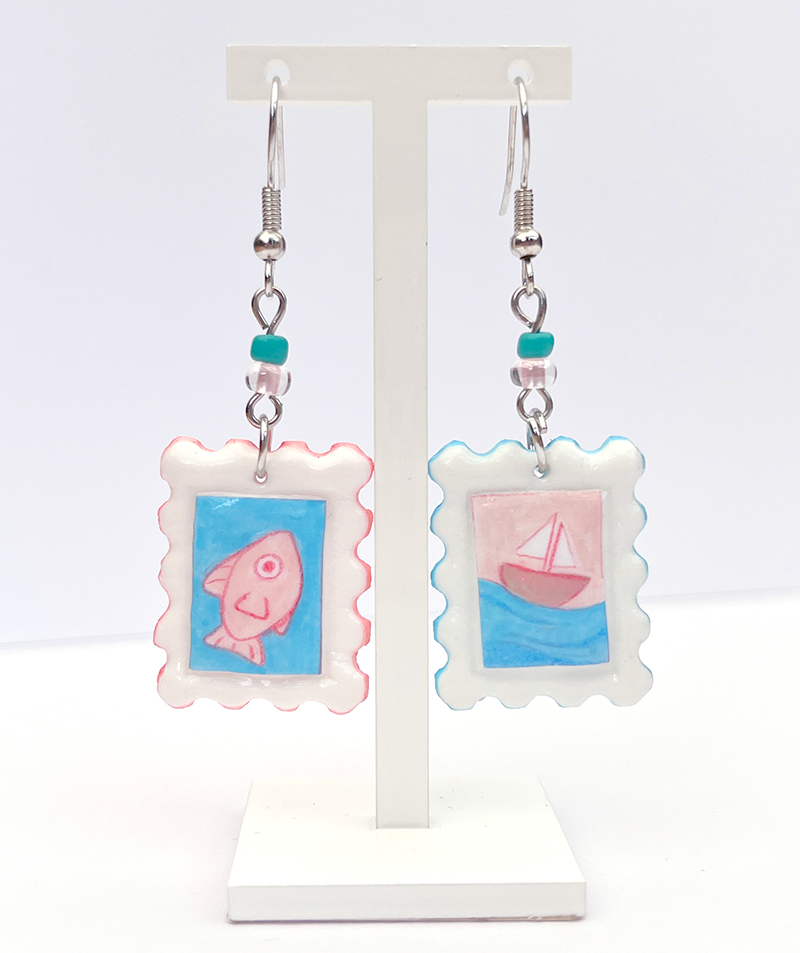 Soft seas | Polymer clay postal stamp earrings