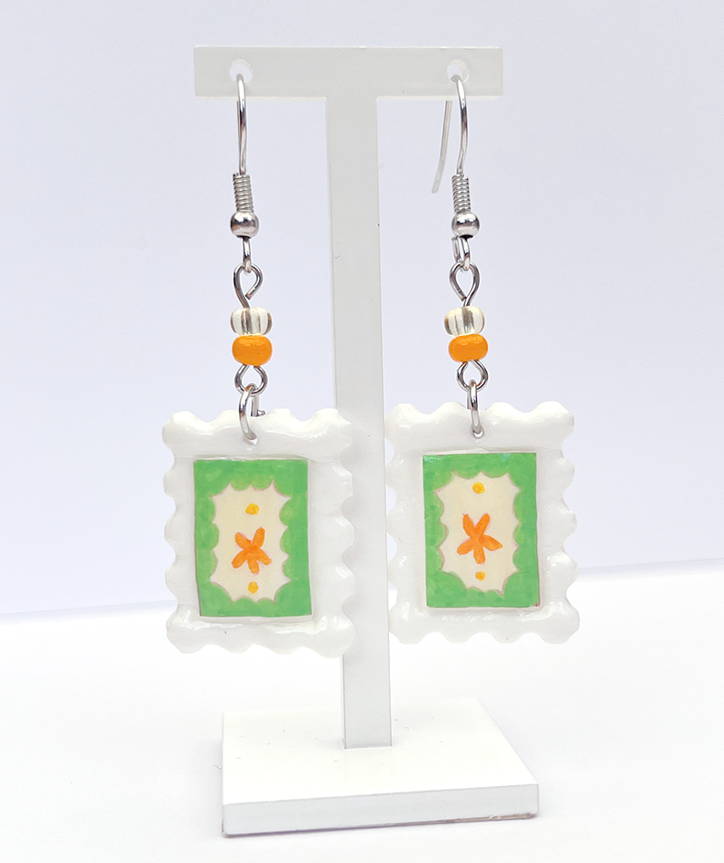 Flower pattern green | Polymer clay postal stamp earrings