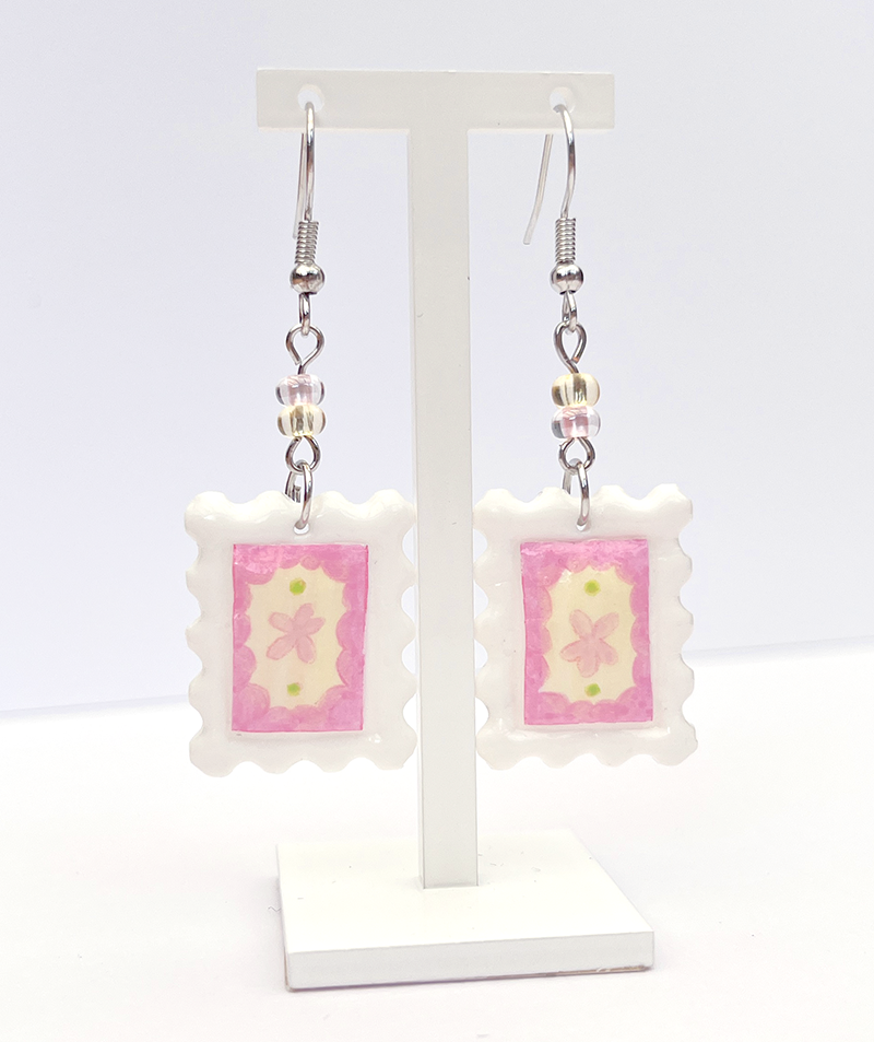 Flower pattern pink | Polymer clay postal stamp earrings