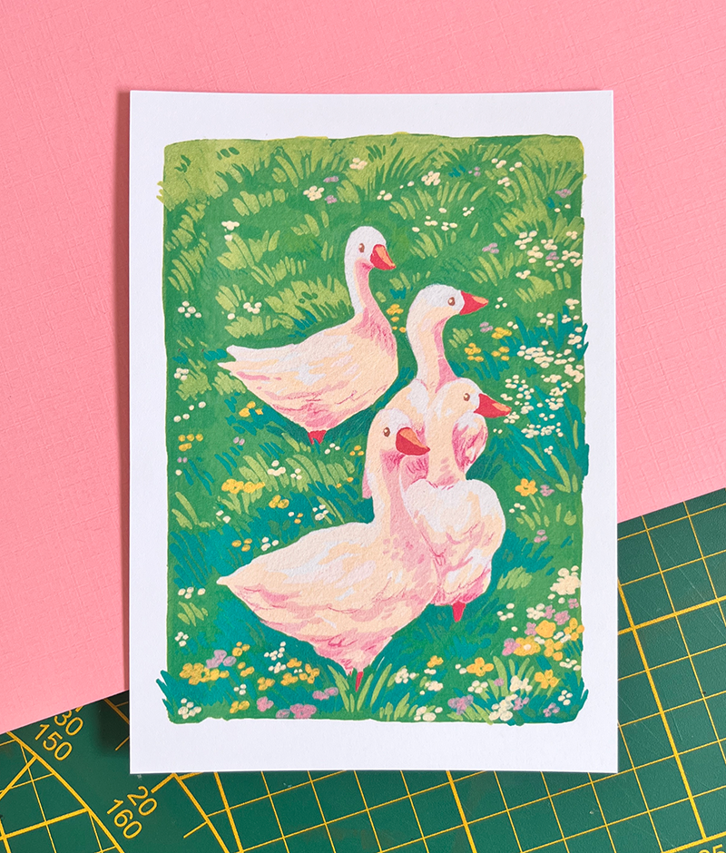 Geese in a flower field | Greeting card