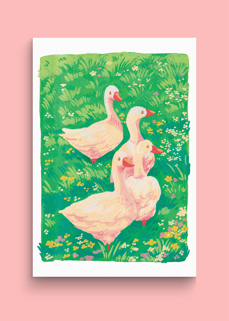 Geese in a flower field | A4 Art print