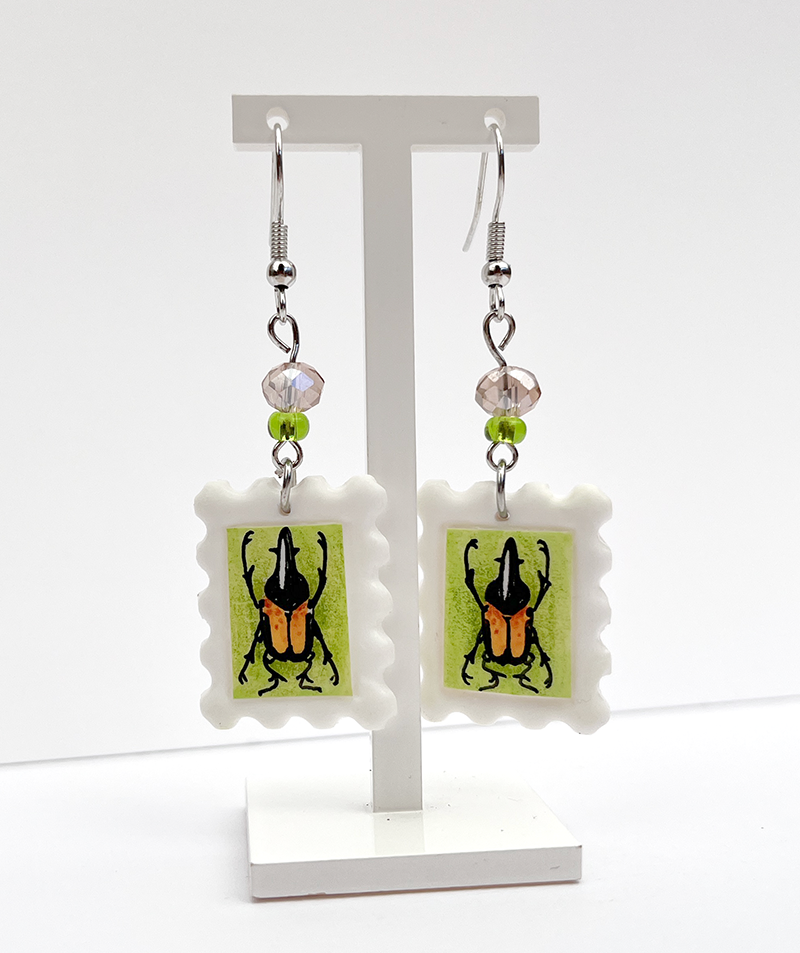 Hercules Beetle | Polymer clay postal stamp earrings