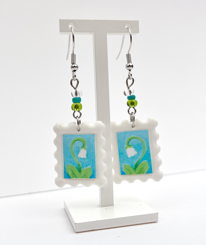 Snowbell day | Polymer clay postal stamp earrings