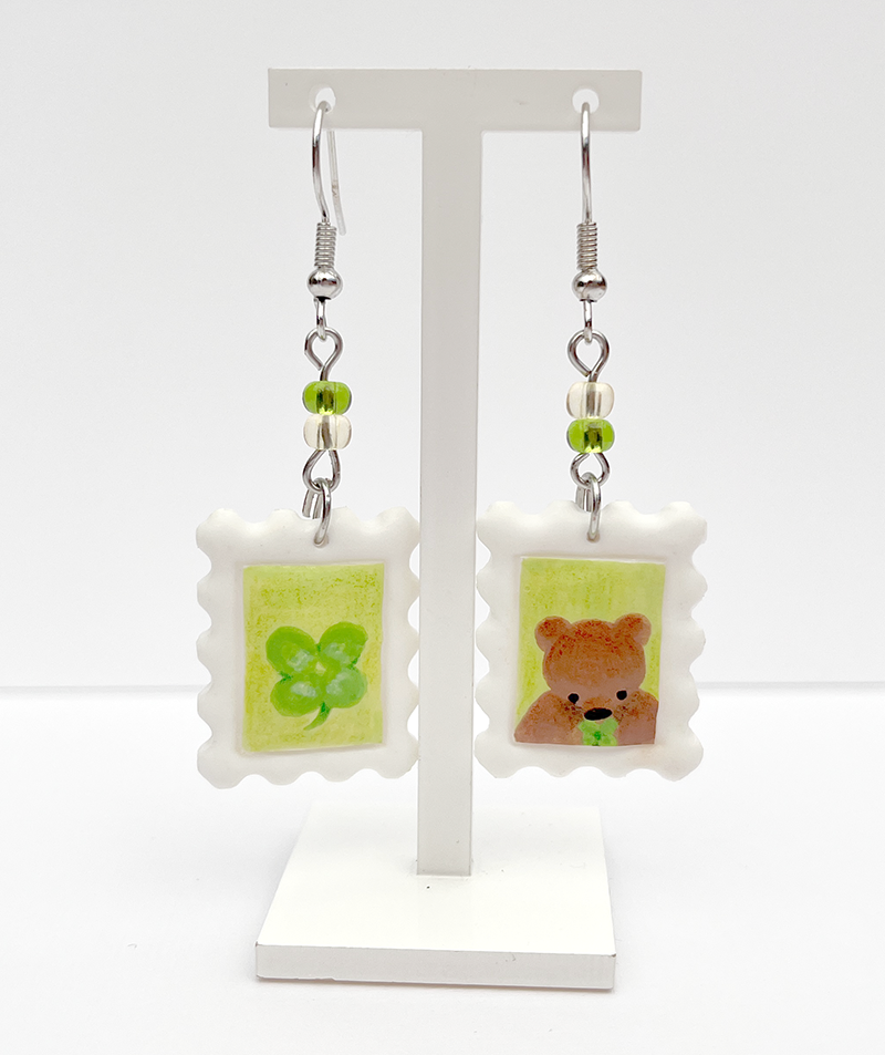 Lucky bear | Polymer clay postal stamp earrings