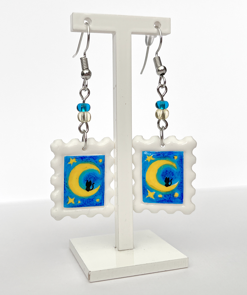 Moon kitty | Polymer clay postal stamp earrings