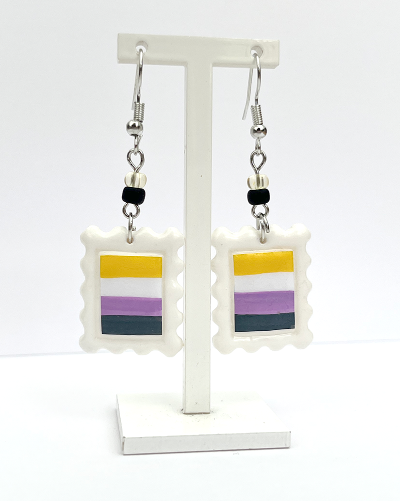 Nonbinary flag | Polymer clay postal stamp earrings