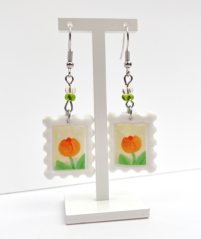 Orange Tulip | Polymer clay postal stamp earrings