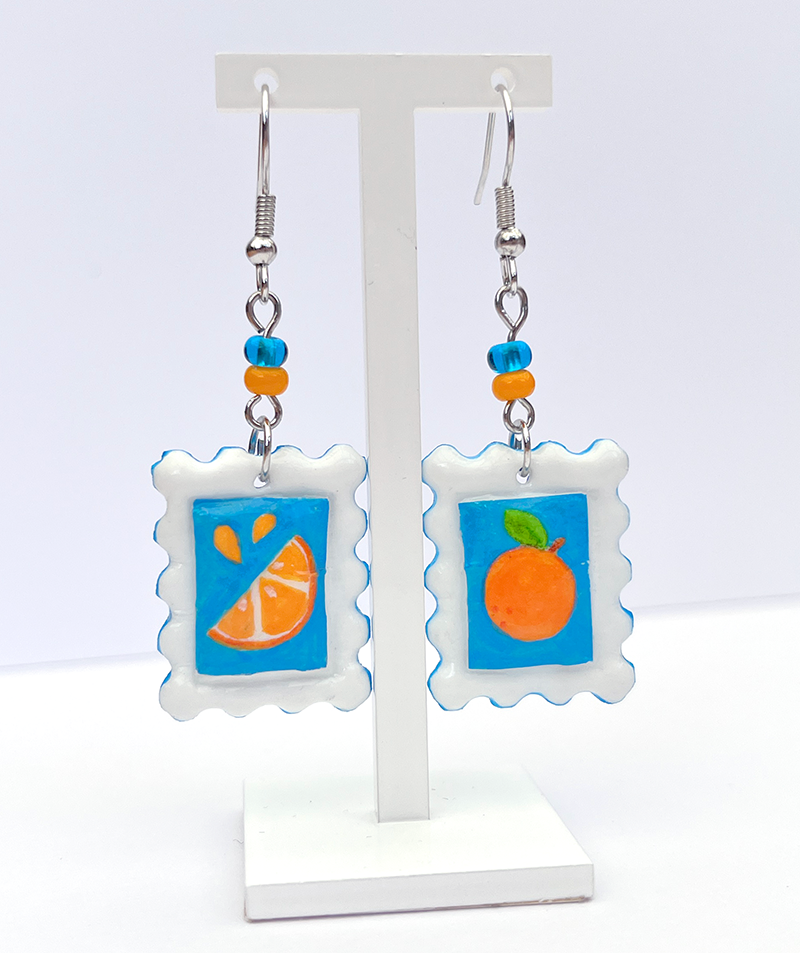 Orange | Polymer clay postal stamp earrings