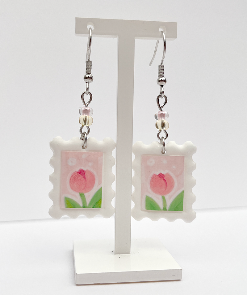 Pink Tulip | Polymer clay postal stamp earrings