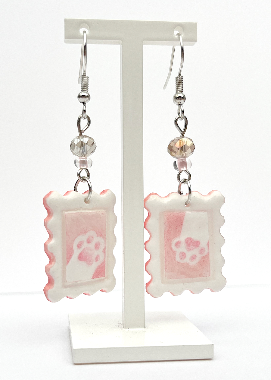 Pink paws | Polymer clay postal stamp earrings