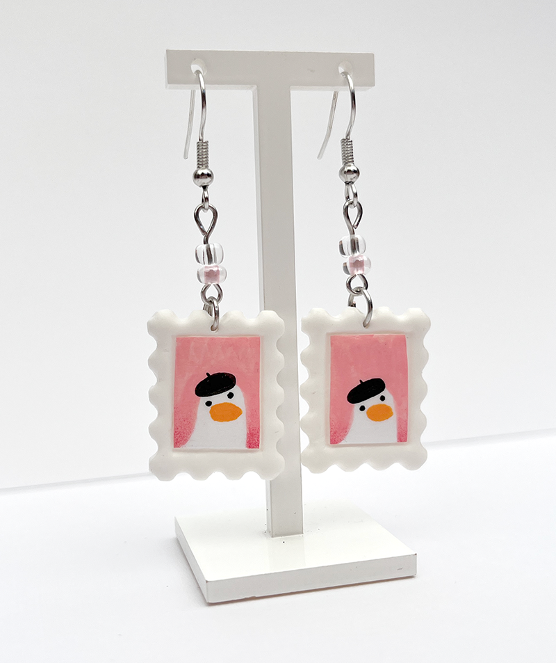 Pink Duck | Polymer clay postal stamp earrings