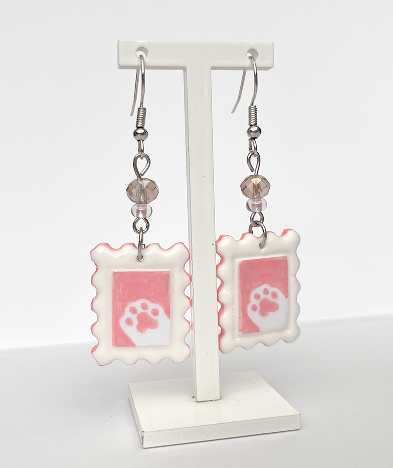 Pink paw | Polymer clay postal stamp earrings