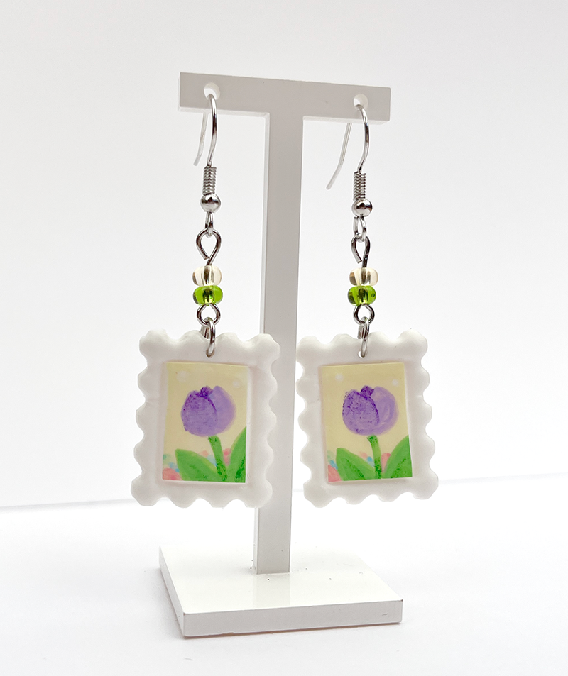 Purple Tulip | Polymer clay postal stamp earrings
