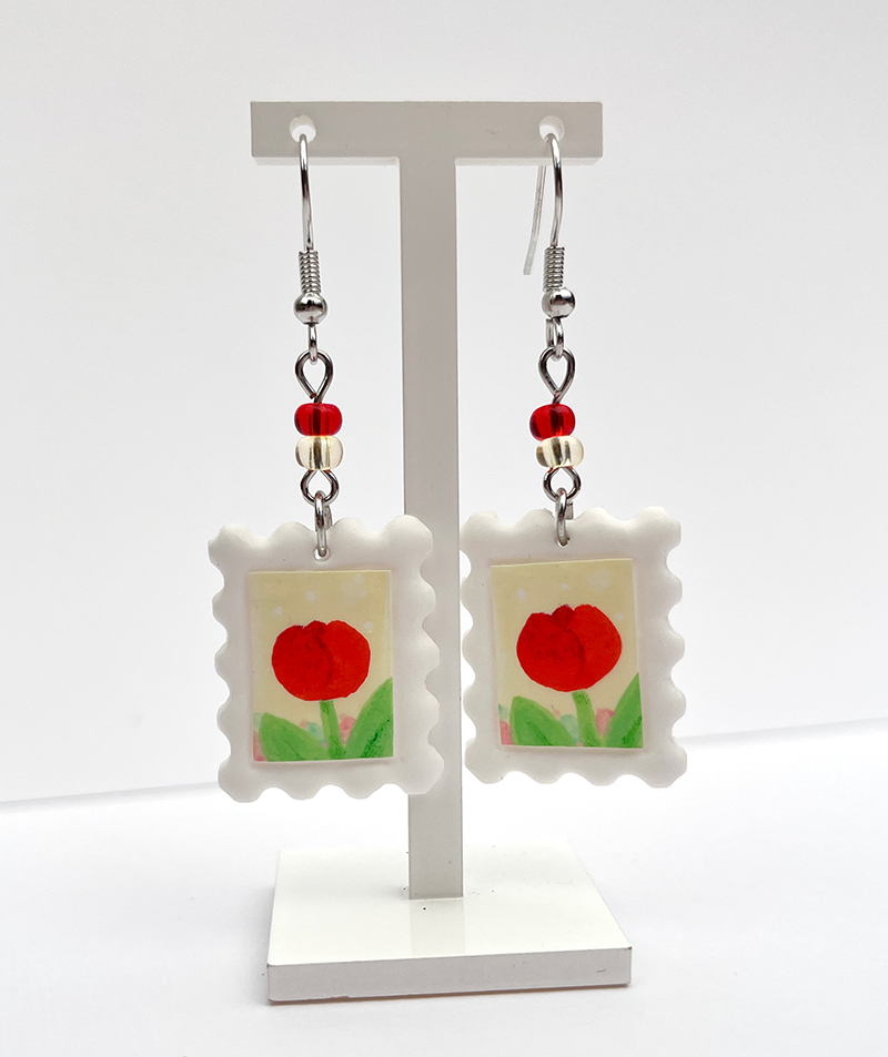 Red Tulip | Polymer clay postal stamp earrings