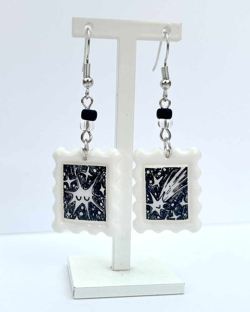 Falling star | Polymer clay postal stamp earrings