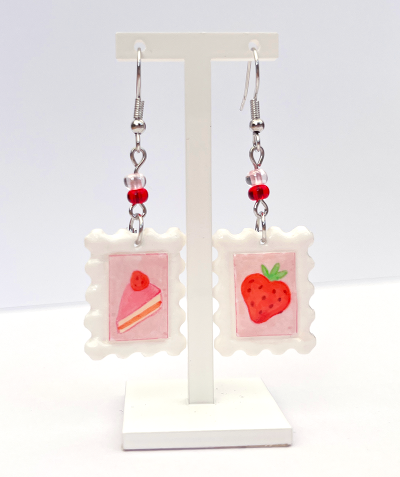 Strawberry cake | Polymer clay postal stamp earrings