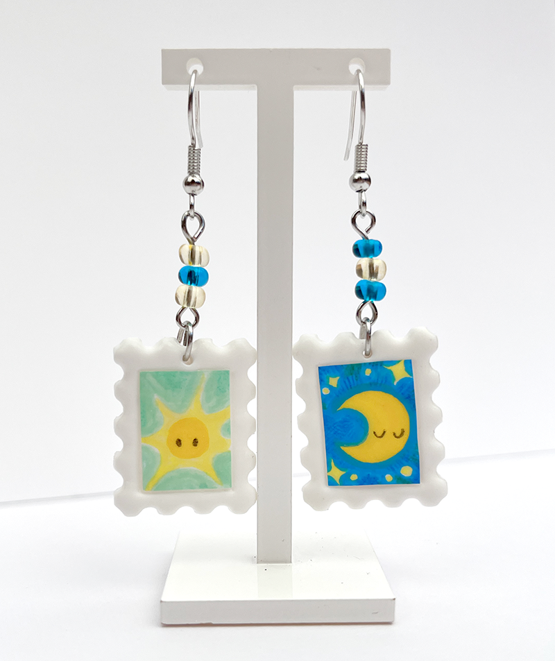 Sun & Moon | Polymer clay postal stamp earrings