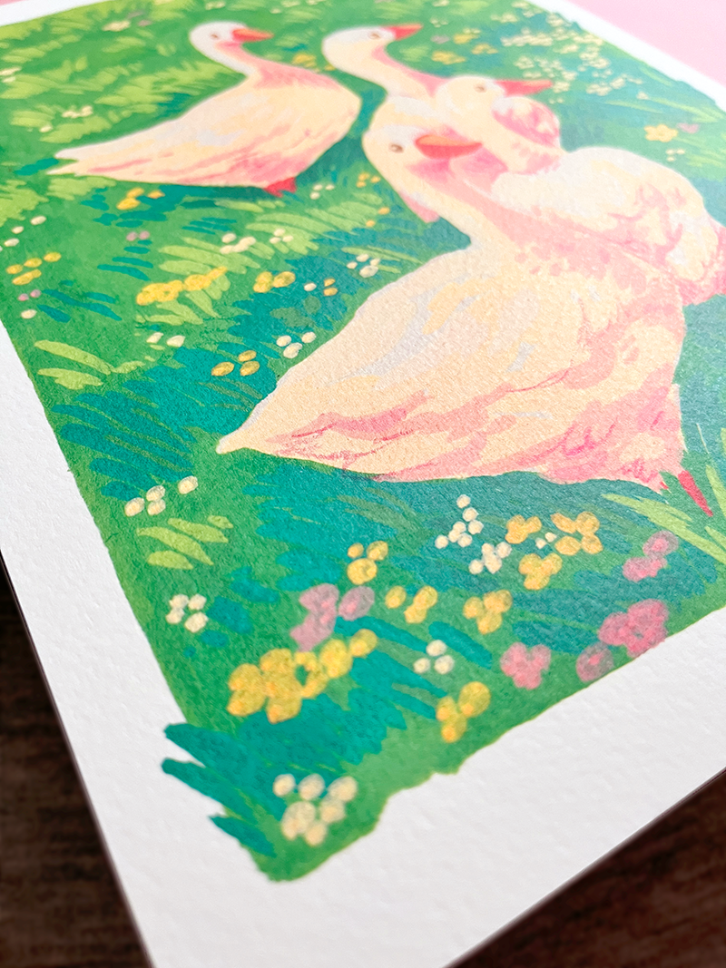 Geese in a flower field | A4 Art print