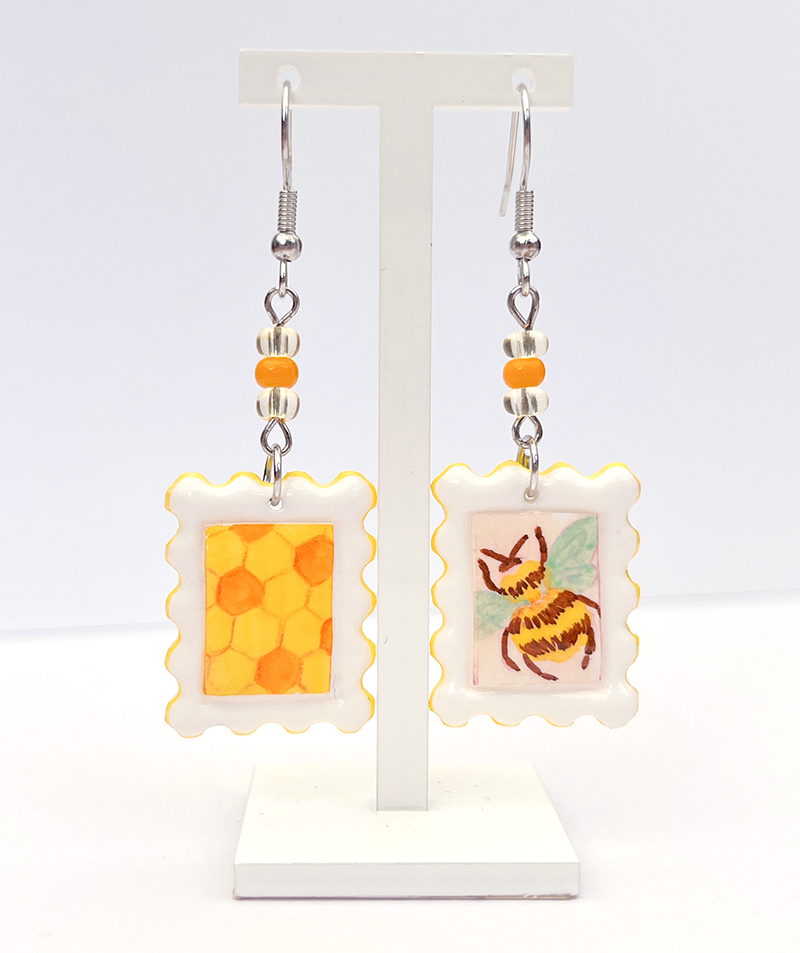 Happy little bee | Polymer clay postal stamp earrings