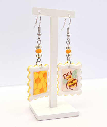 Happy little bee | Polymer clay postal stamp earrings