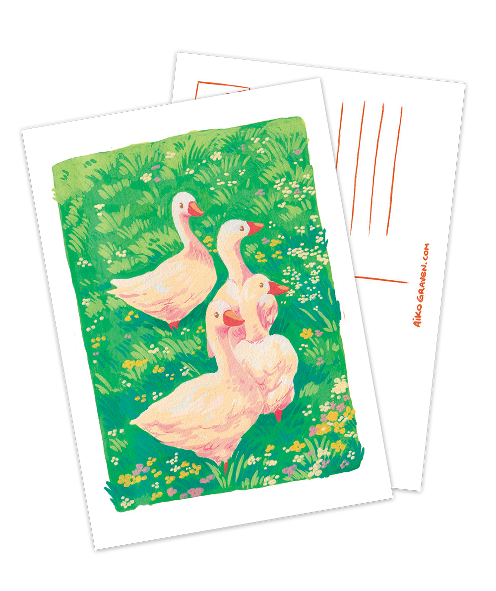 Ganzen in een bloemenveld | Wenskaart