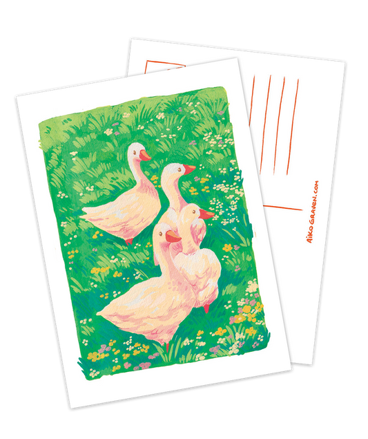Ganzen in een bloemenveld | Wenskaart