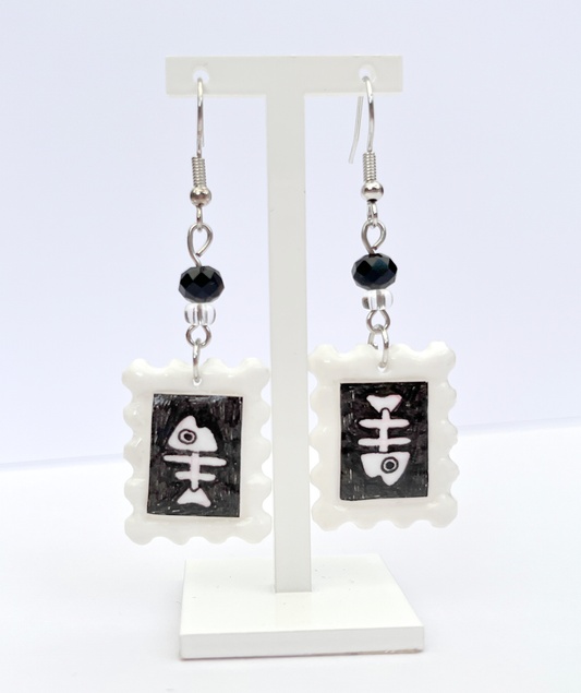 Fish bones | Polymer clay postal stamp earrings