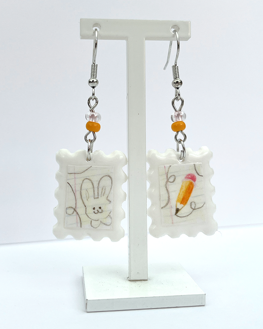 Drawn bunny | Polymer clay postal stamp earrings