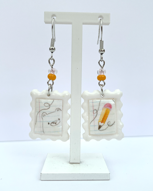 Drawn bear | Polymer clay postal stamp earrings