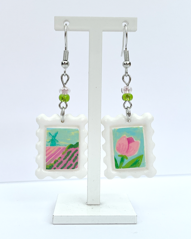 Dutch Landscape | Polymer clay postal stamp earrings