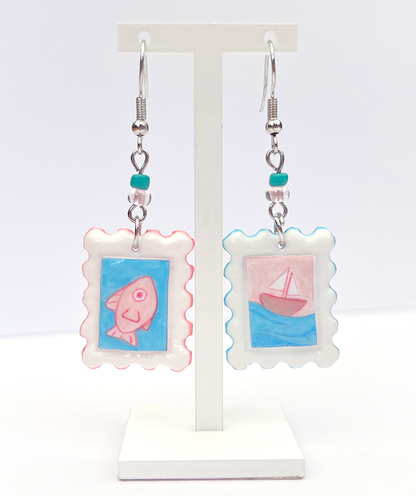 Soft seas | Polymer clay postal stamp earrings