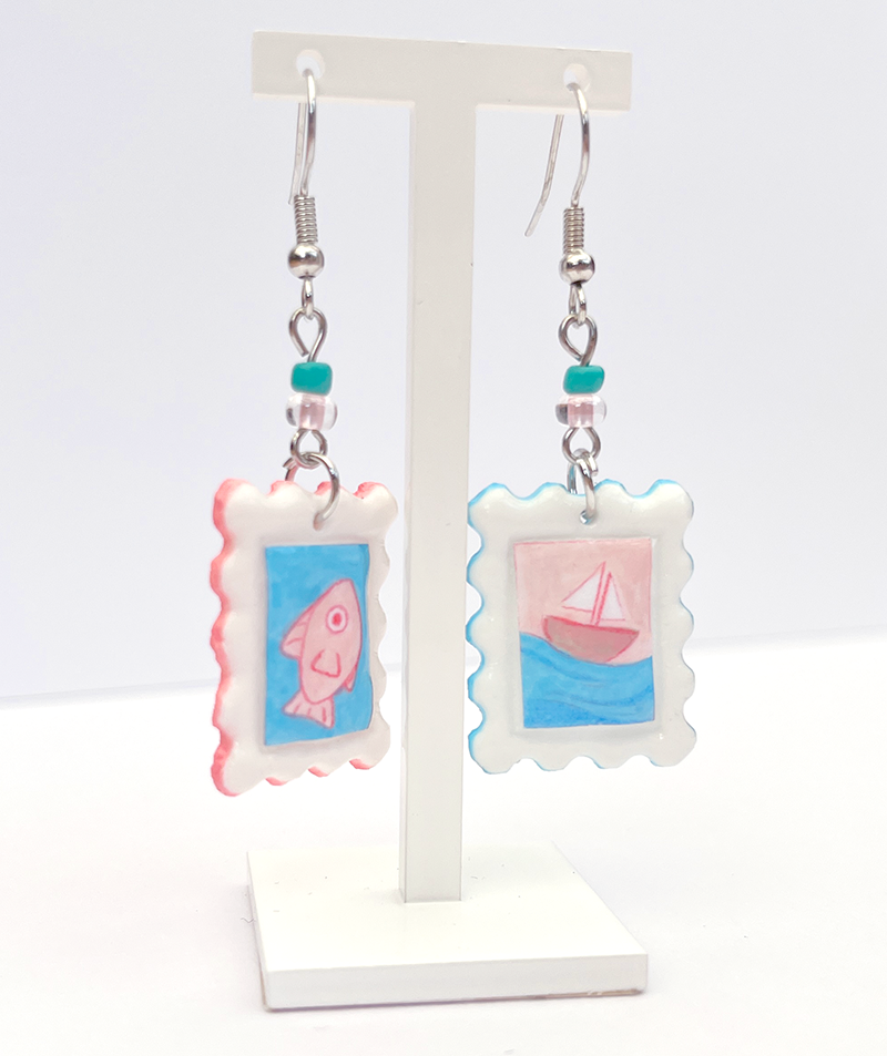 Soft seas | Polymer clay postal stamp earrings
