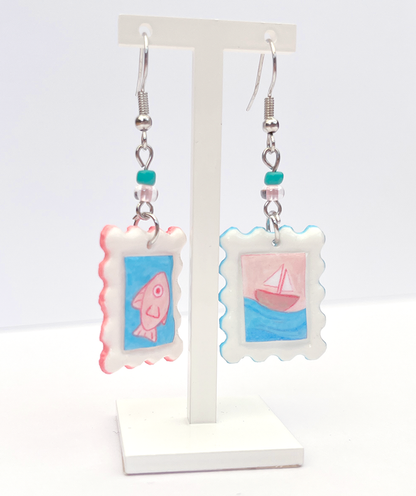 Soft seas | Polymer clay postal stamp earrings