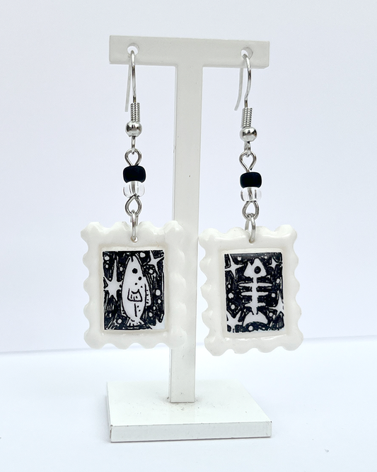 Fish | Polymer clay postal stamp earrings