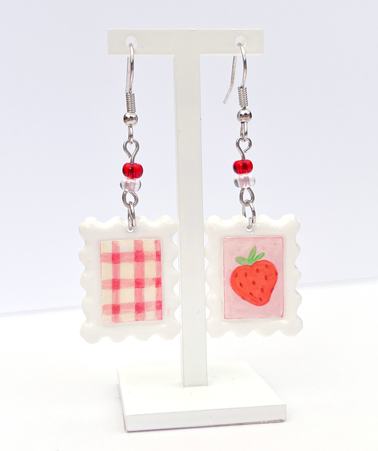 Strawberry gingham | Polymer clay postal stamp earrings