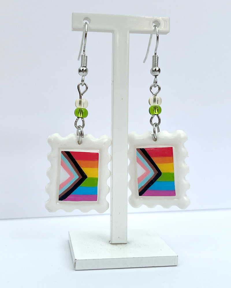 Progress Pride flag | Polymer clay postal stamp earrings