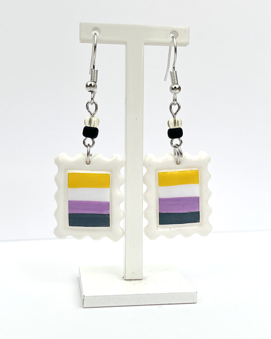Nonbinary flag | Polymer clay postal stamp earrings