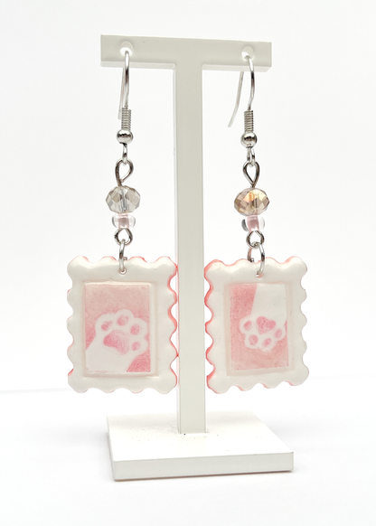 Pink paws | Polymer clay postal stamp earrings