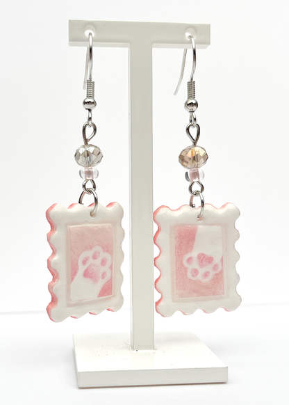 Pink paws | Polymer clay postal stamp earrings
