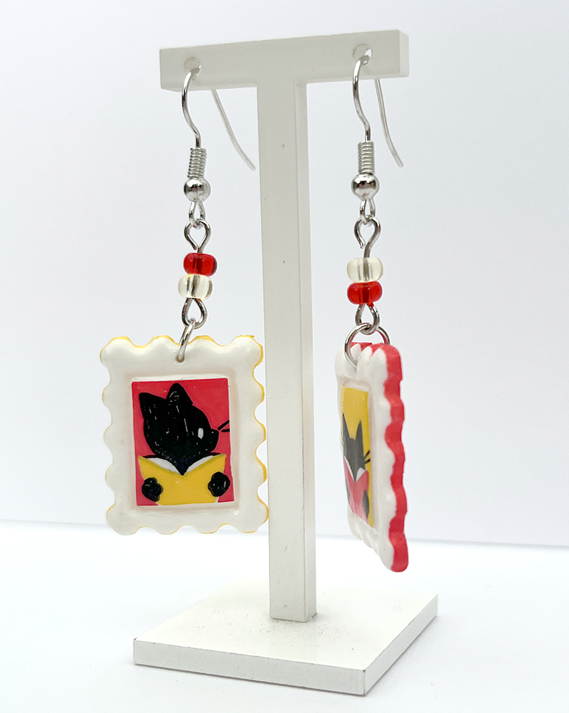 Reading cats | Polymer clay postal stamp earrings
