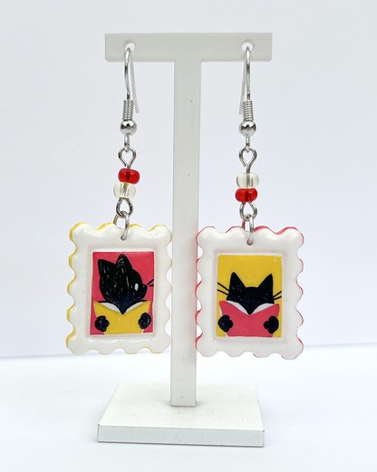 Reading cats | Polymer clay postal stamp earrings