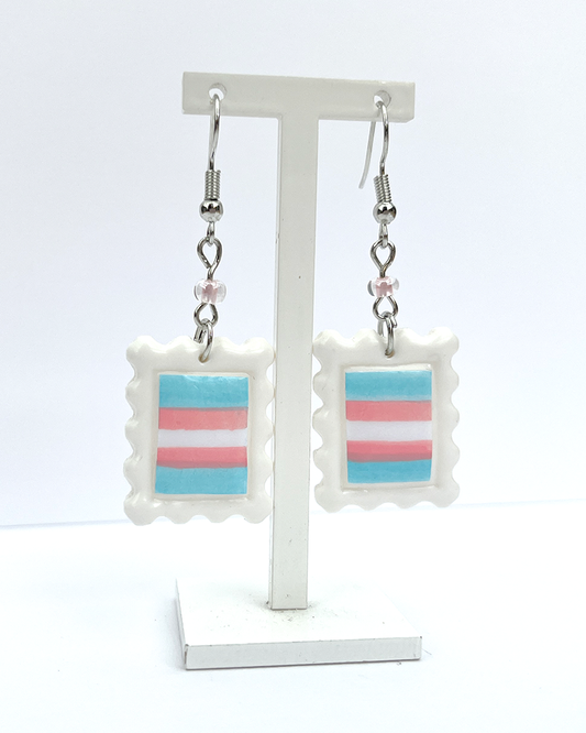 Trans flag | Polymer clay postal stamp earrings