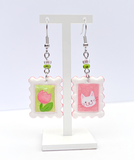 Tulip kitty | Polymer clay postal stamp earrings